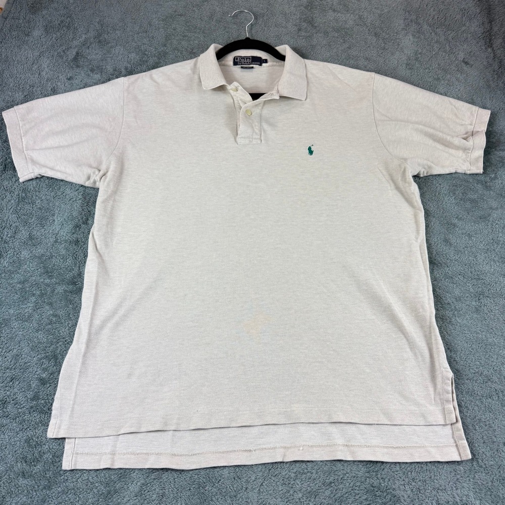 Polo Ralph Lauren Mens Large Cream Pique Short‎ Sleeve Pony Logo Polo Shirt